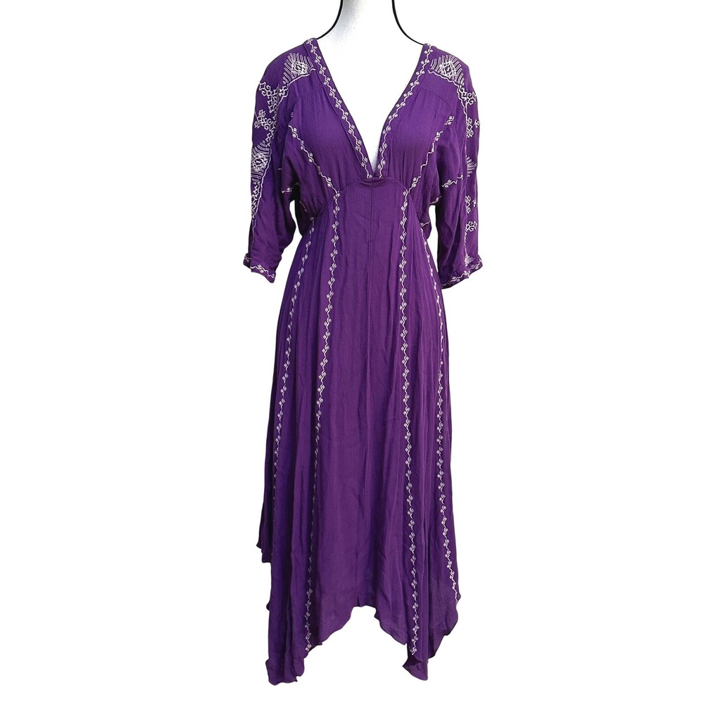 En Creme Embroidered Midi Dress Womens S Purple Boho Cottagecore Fairy Festival